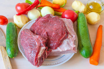Ingredients for soup - meat and vegetables close up