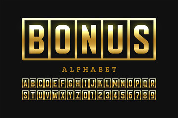 Welcome Bonus casino banner design font, slot machine style alphabet letters and numbers