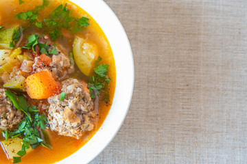 Mexican soup with meatballs and vegetables - Albondigas, copy space for recipe