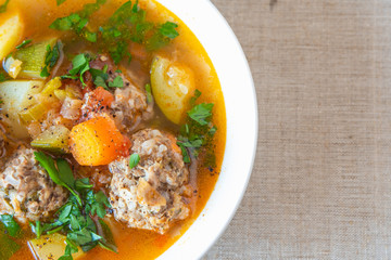 Mexican soup with meatballs and vegetables - Albondigas, copy space for recipe