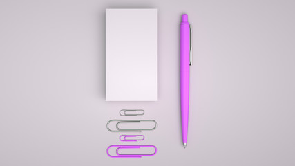 Business cards, paper clips and pen