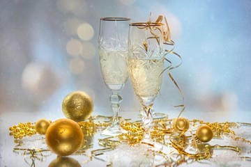 Christmas still life with champagne glass of wine