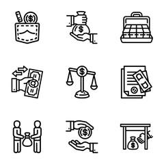 Bribery business money icon set. Outline set of 9 bribery business money vector icons for web design isolated on white background