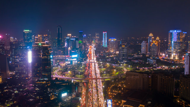 Night View Of Semanggi Highway With Heavy Traffic