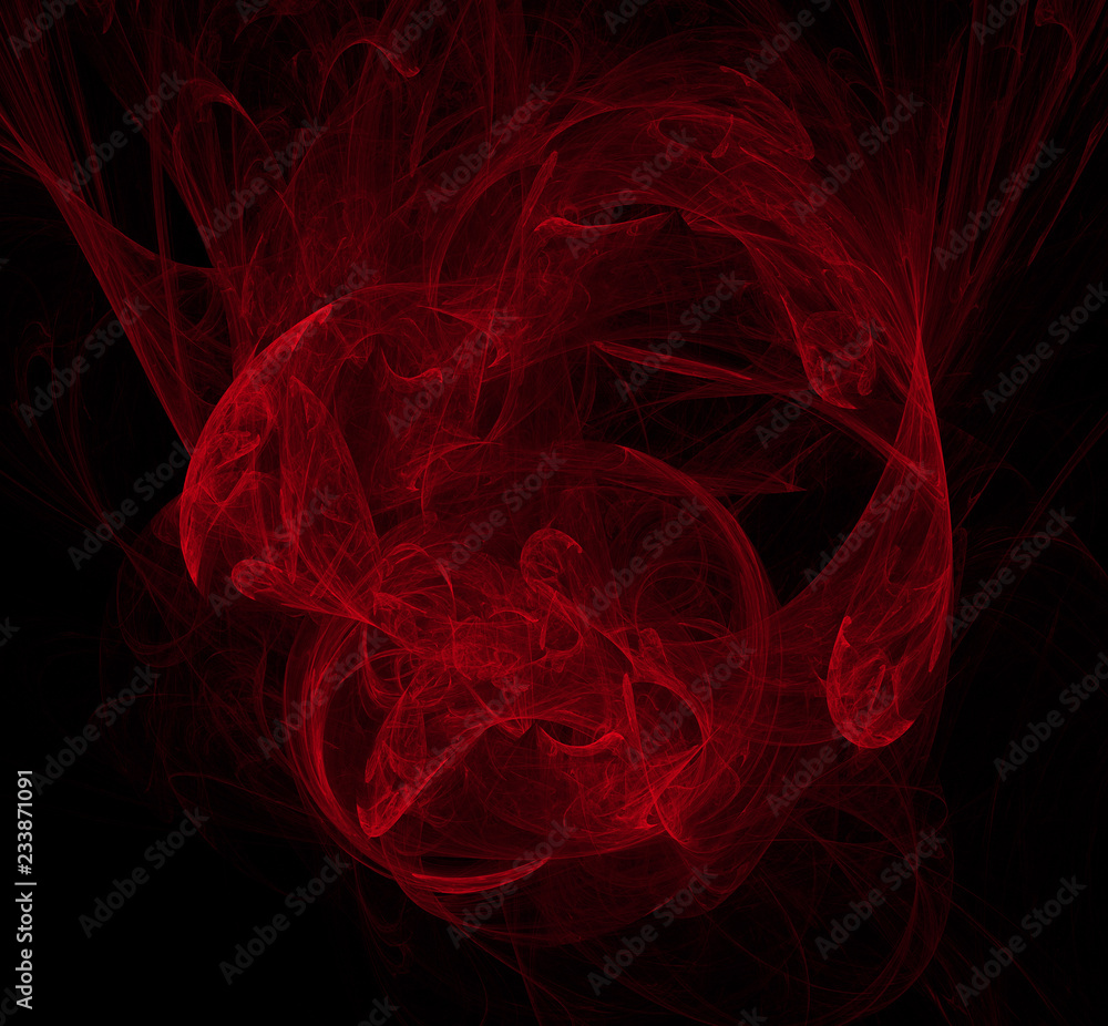 Poster Red abstract fractal on black background. Fantasy fractal texture. Digital art. 3D rendering. Computer generated image.