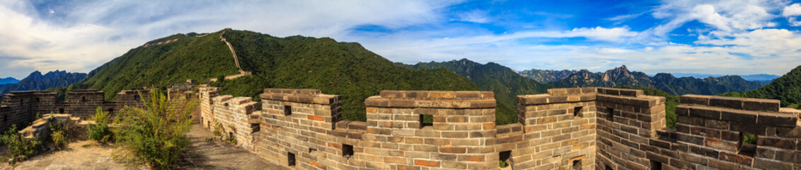Panorama of one of remote parts of the Great Wall of China in the Mutianyu village near Beijing