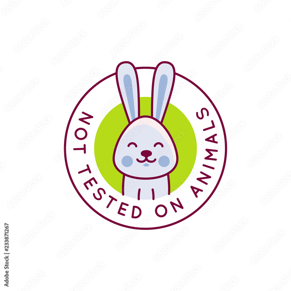 Poster vector design template and badge with cartoon rabbit - not tested on animals stamp