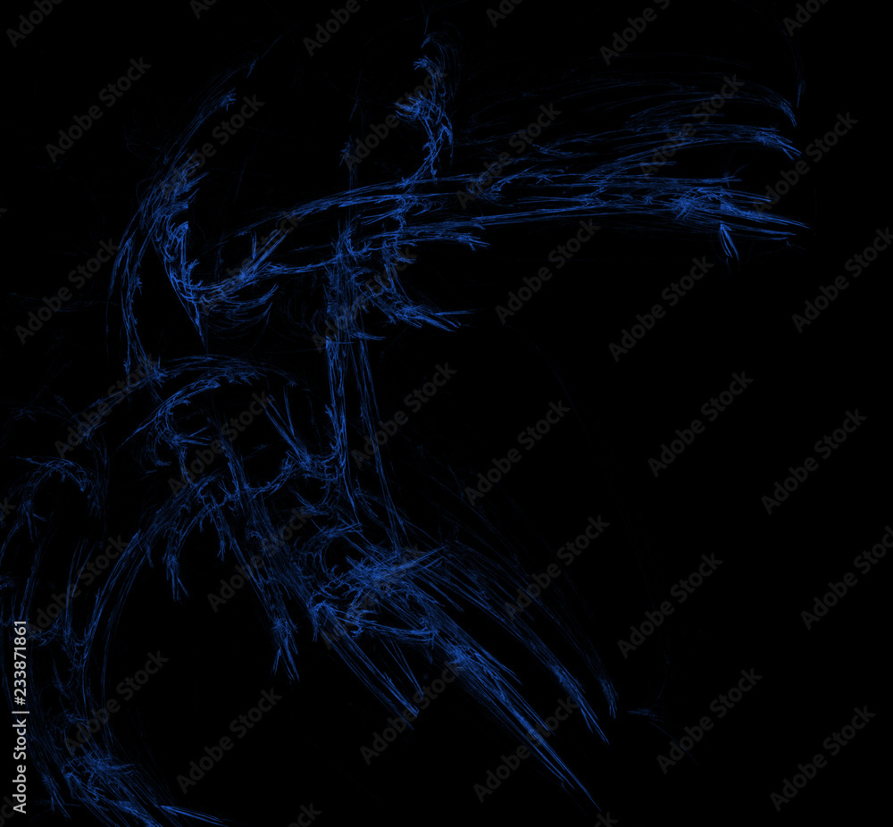 Poster blue fractal texture on black background. digital art. 3d rendering. computer generated image.
