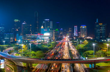Traffic jam along the Sudirman highway at night