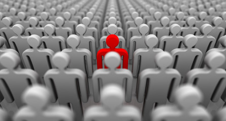 Obraz premium One of many. Symbols of people lined up in a order and one red. 3D Illustration