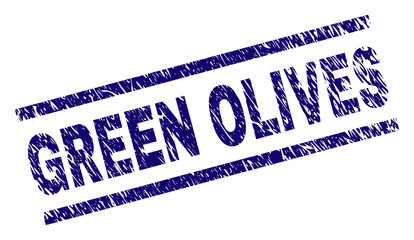 GREEN OLIVES seal stamp with grunge style. Blue vector rubber print of GREEN OLIVES label with grunge texture. Text label is placed between parallel lines.