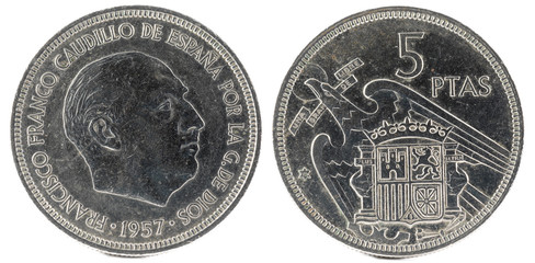 Old Spanish coin of 5 pesetas, Francisco Franco. Year 1957, 72 in the star.