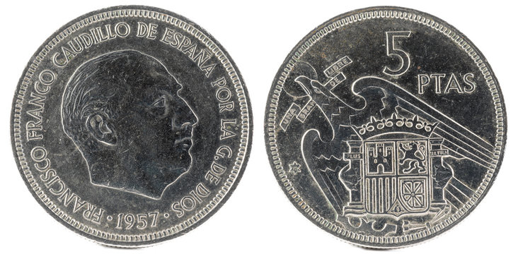 Old Spanish coin of 5 pesetas, Francisco Franco. Year 1957, 72 in the star.