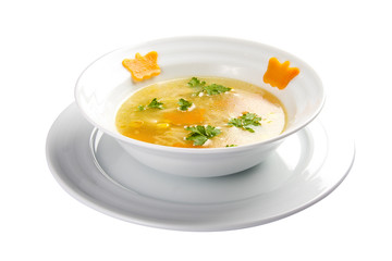 Chicken broth with noodles. Dish for children