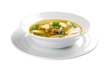 Mushroom soup with dumplings. A traditional Lithuanian dish. On a white background