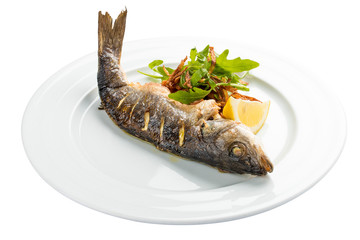 Mackerel baked with lemon. On a white background