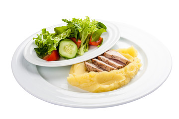 Baked pork with mashed potatoes. On a white background