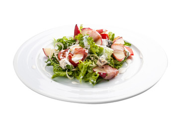 Summer salad with peach, bacon and arugula. On a white background