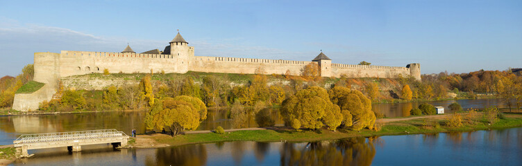 Ivangorod fortress in the autumn panorama. Leningrad region, Russia