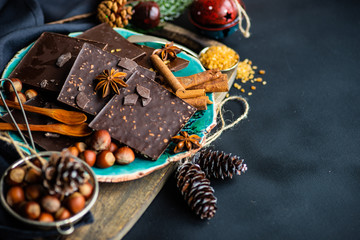 Culinary concept with different types of chocolate