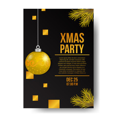 Christmas party poster banner template with golden bauble. vector illustration