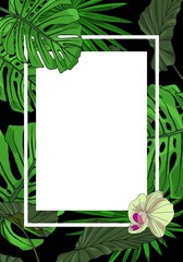 framework for photo or congratulation with leaves of monstera. Card design.Frame with tropical orchids on dark background.