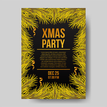 Christmas party poster banner template with golden leaves garland. vector illustration
