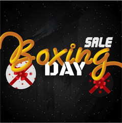 Fototapeta na wymiar Boxing Day sale banner or template design with gift boxes on black textured background.