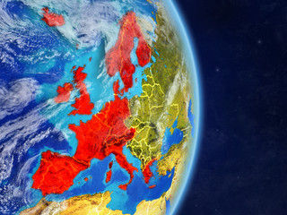 Western Europe on planet planet Earth with country borders. Extremely detailed planet surface and clouds.