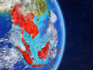 South East Asia on planet planet Earth with country borders. Extremely detailed planet surface and clouds.
