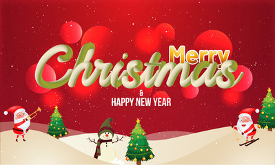 Stylish lettering of Christmas with santa clause, snowman and xmas trees on red bokeh background for Merry Christmas and Happy New Year celebration concept.
