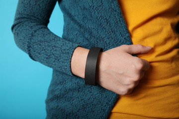 Identification concert black bracelet template, hand hospital security wristband mockup.