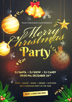 Merry Christmas Party template design decorated with golden jingle bells and baubles on black snowflake background with time and venue details.