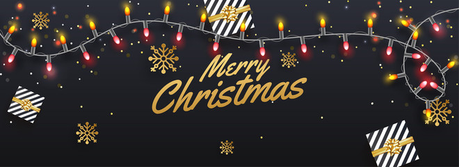 Social media header or banner design, top view illustration of gift boxes and lighting garland on black background for Merry Christmas celebration.