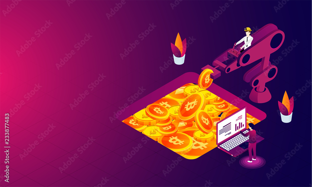 Poster crypto mining concept based isometric design, man working with robotic arm on glossy background.