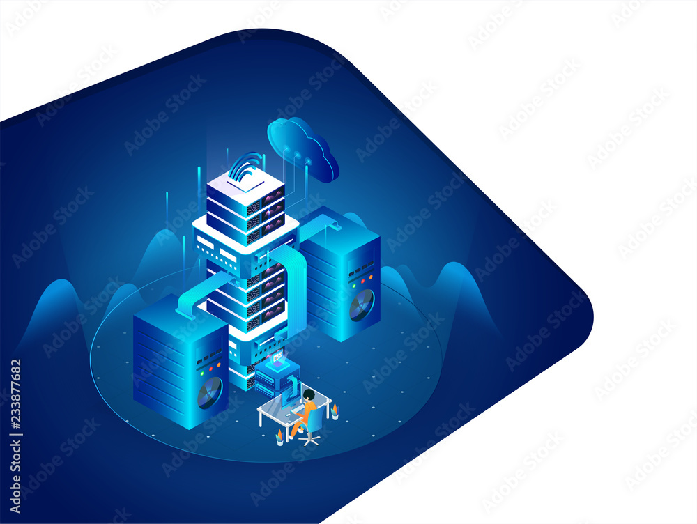 Poster isometric illustration of local servers connected to cloud server, man working or analysis on deskto