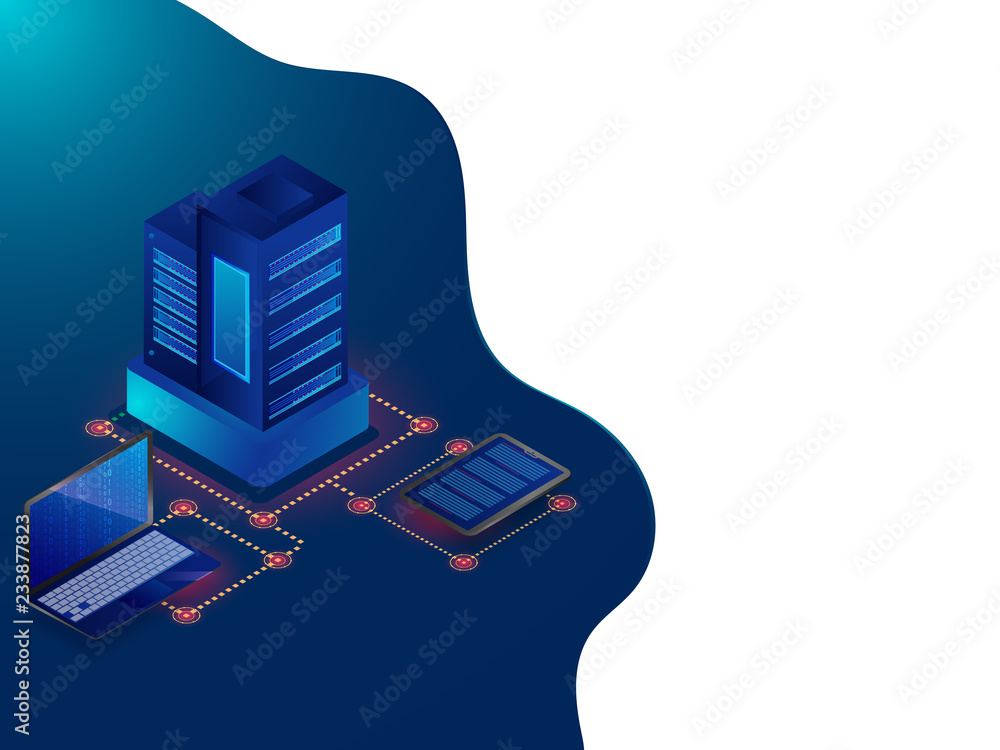 Poster data center concept based isometric design, 3d illustration of web servers connected to laptop with 