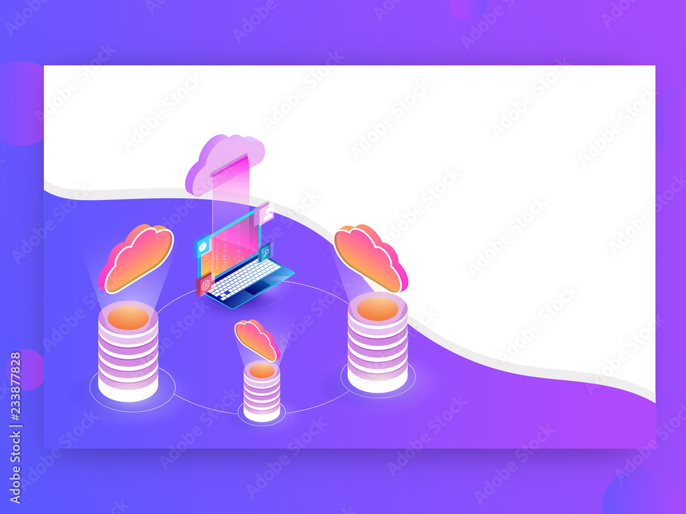 Poster isometric illustration of database with cloud server connected to laptop on abstract background for 