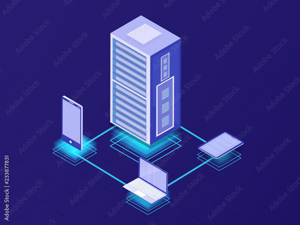 Poster isometric illustration of local server connected to laptop and smartphone on shiny blue background f