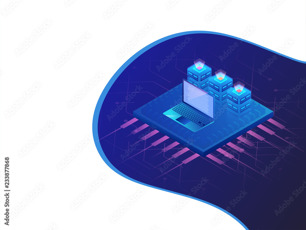 Poster data center isometric design, 3d web servers connected to laptop with processor chip on abstract bac