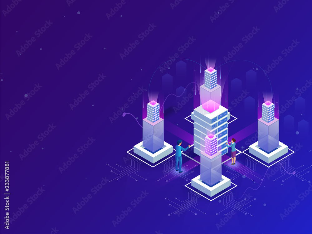 Aufkleber data center concept based isometric design with 3d illustration of web servers, miniature people mai