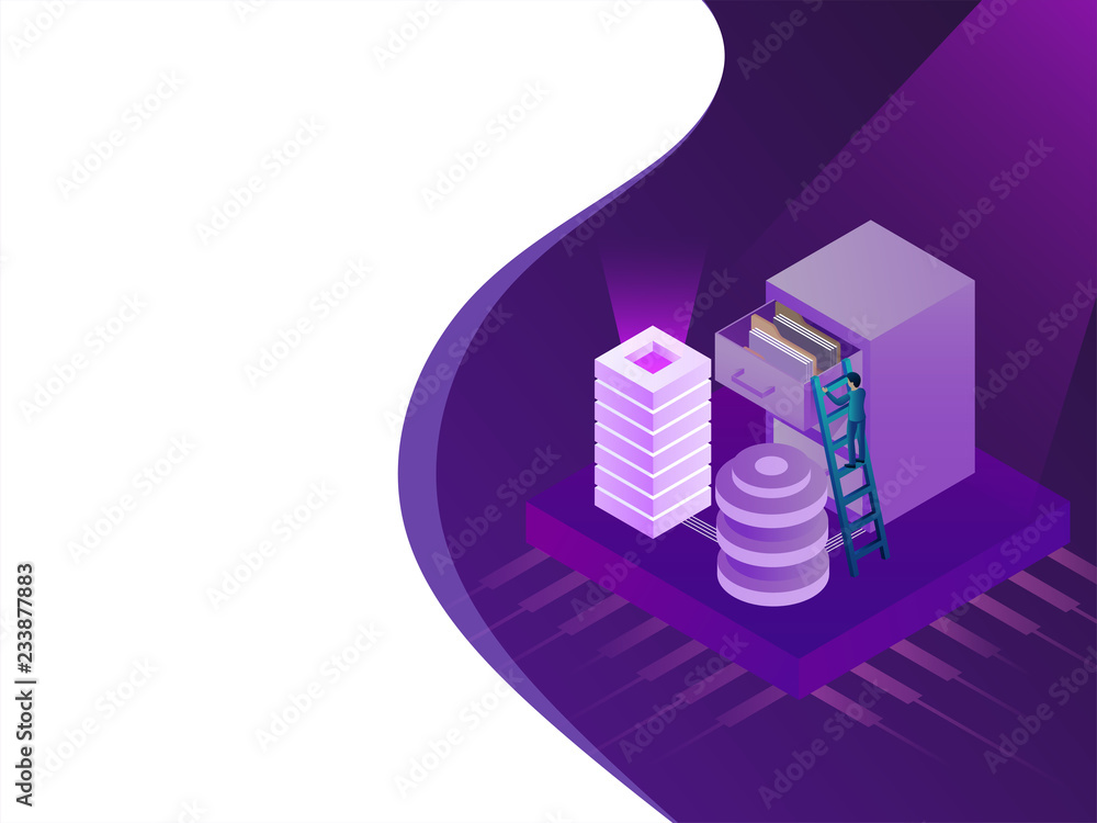 Poster isometric illustration of processor chip with web servers, miniature business people maintaining fil
