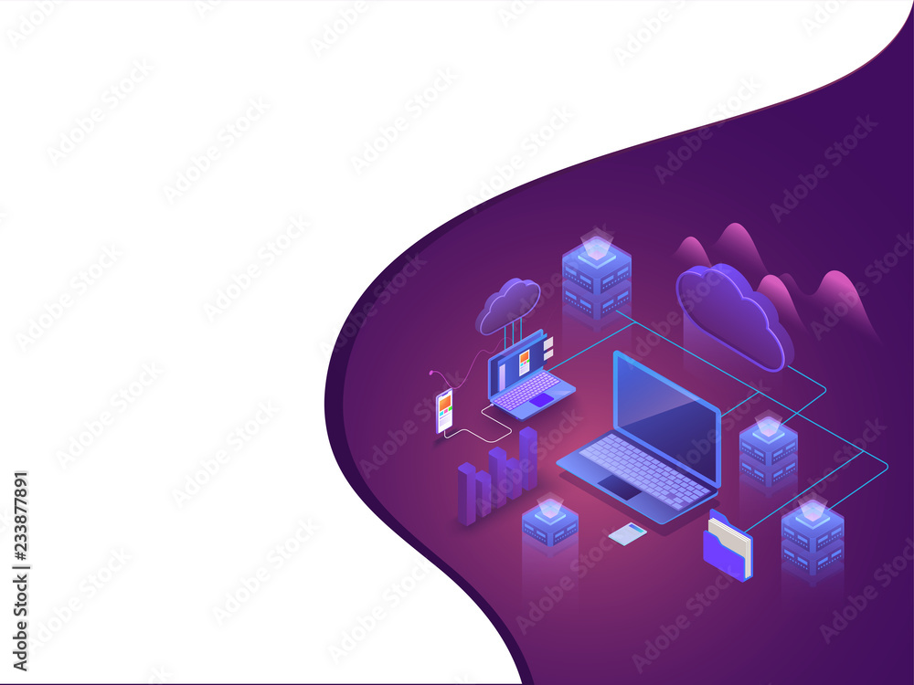 Poster 3d illustration of web servers and cloud server connected to laptop with other business elements on 