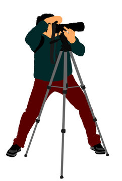 Landscape photographer with tripod vector illustration. Paparazzi shooting on the event, silhouette illustration isolated on white background. Photo reporter on duty. Cameraman on sport event.
