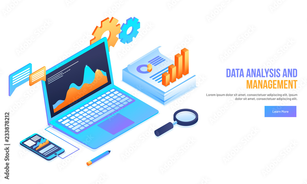 Aufkleber isometric laptop connected with smartphone and different infographic elements on white background fo