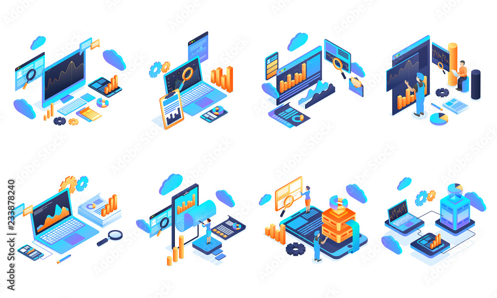 Canvas Prints set of data analysis and management equipments on white background.
