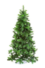 Christmas tree made of plastic on a pedestal not dressed artificial on white background