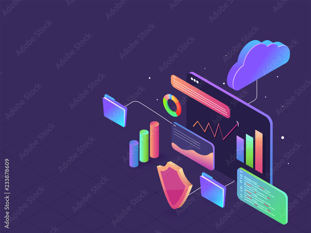 Poster data management and security concept, web browser connected with cloud and protection shield on purp