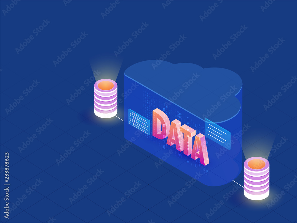 Poster data management concept based isometric design, 3d text data with cloud connected to database on blu