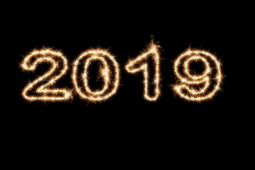 2019 written with Sparkle firework on black background, happy new year
